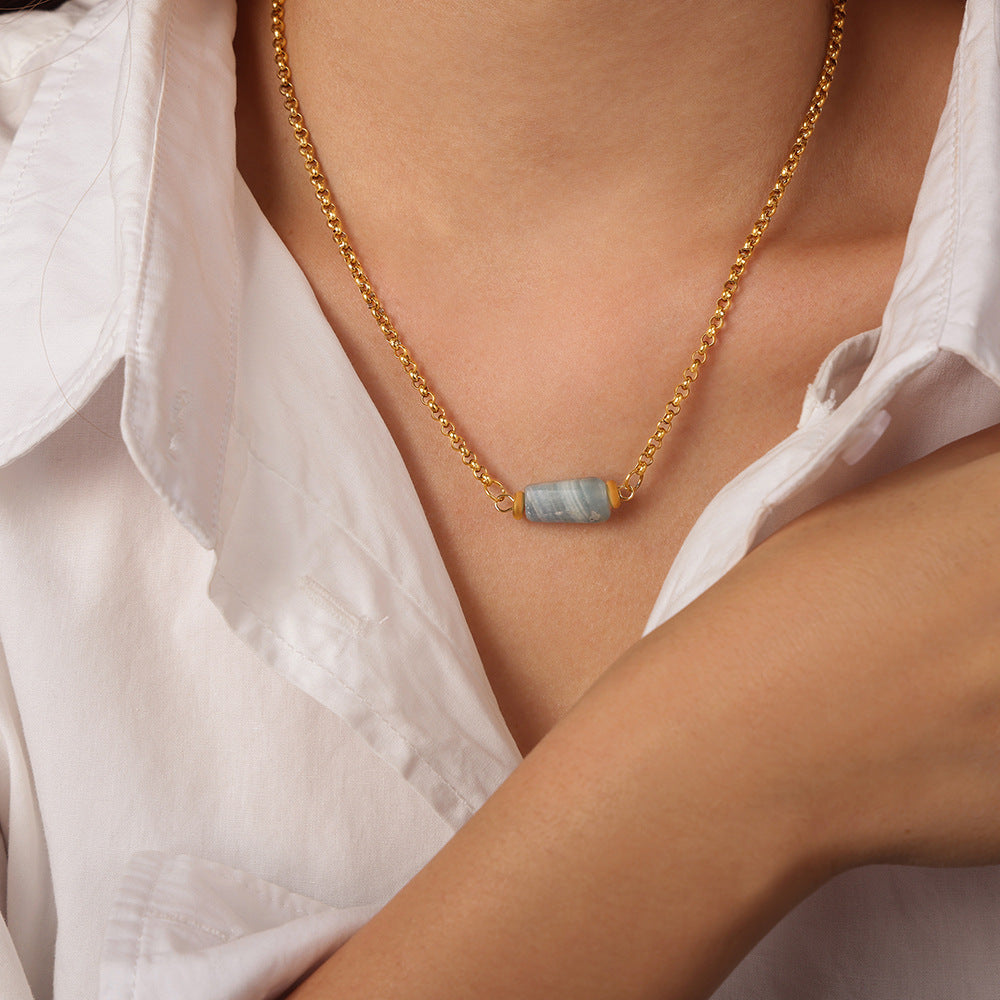 New retro personality niche titanium steel gold-plated geometric irregular natural stone pendant necklace jewelry women