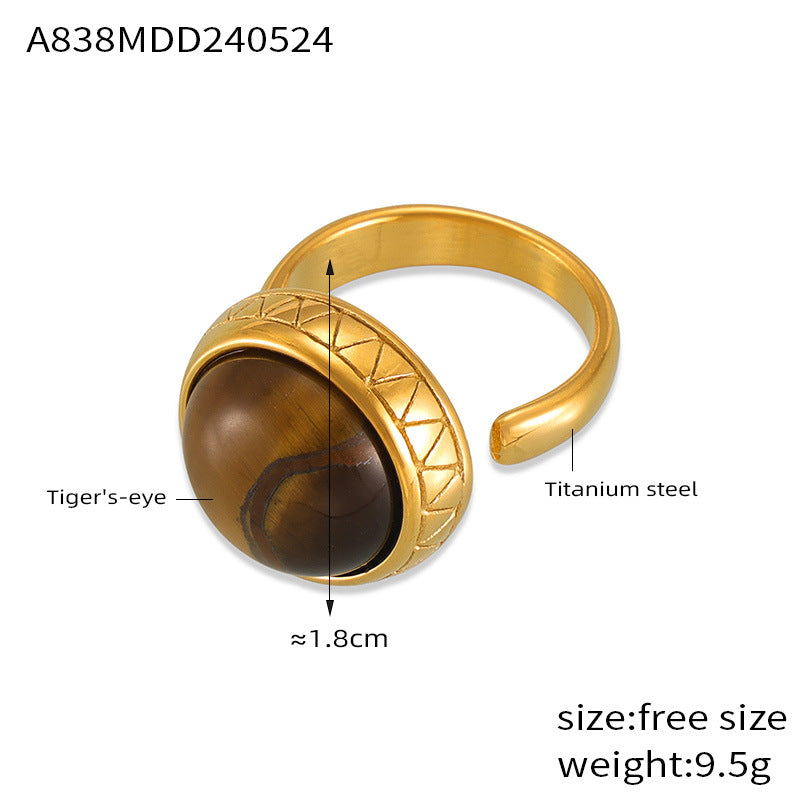 Retro personality simple niche texture lace temperament ring inlaid tiger's eye design titanium steel open ring