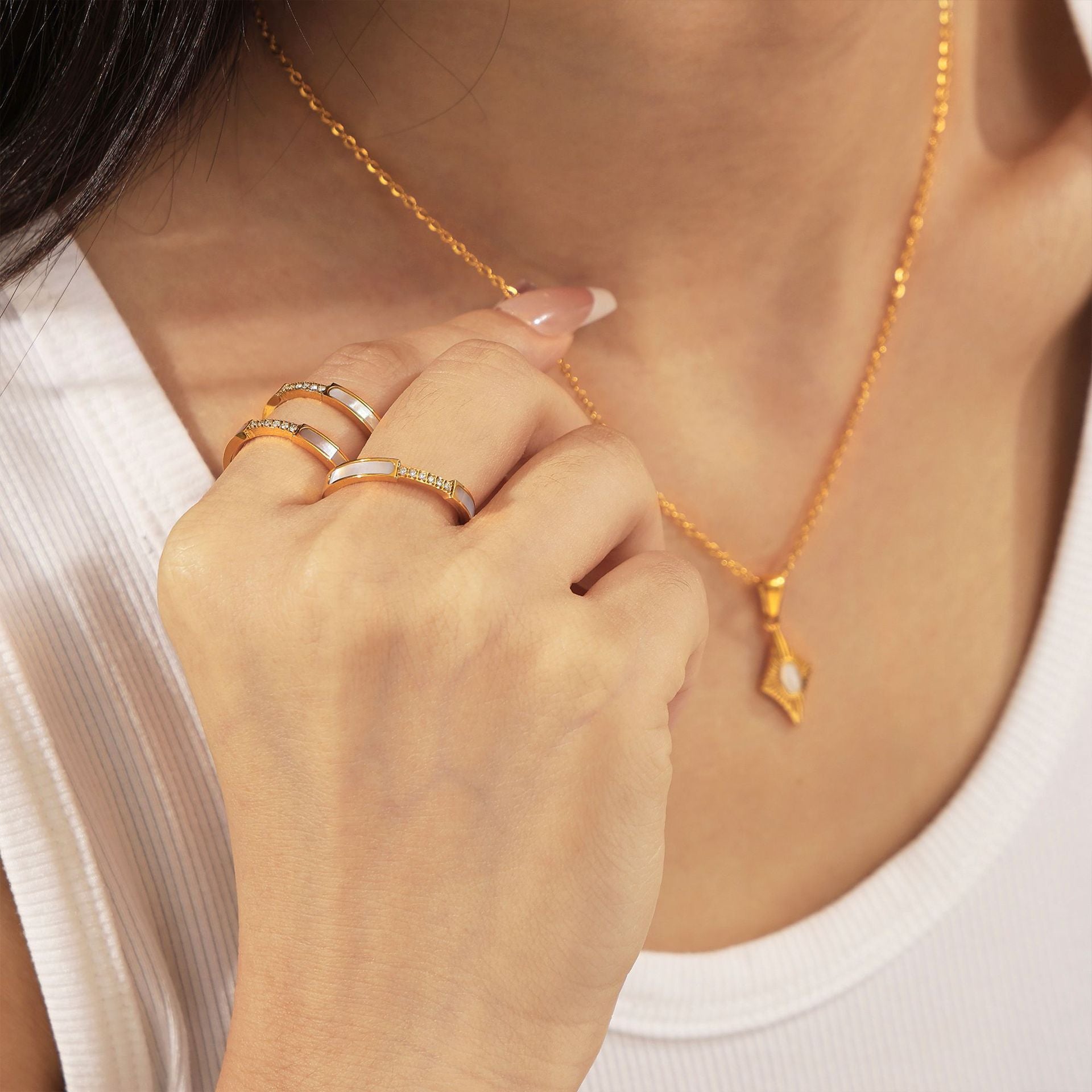tetragonal opal pendant titanium steel clavicle chain seashells ring necklace ring niche set