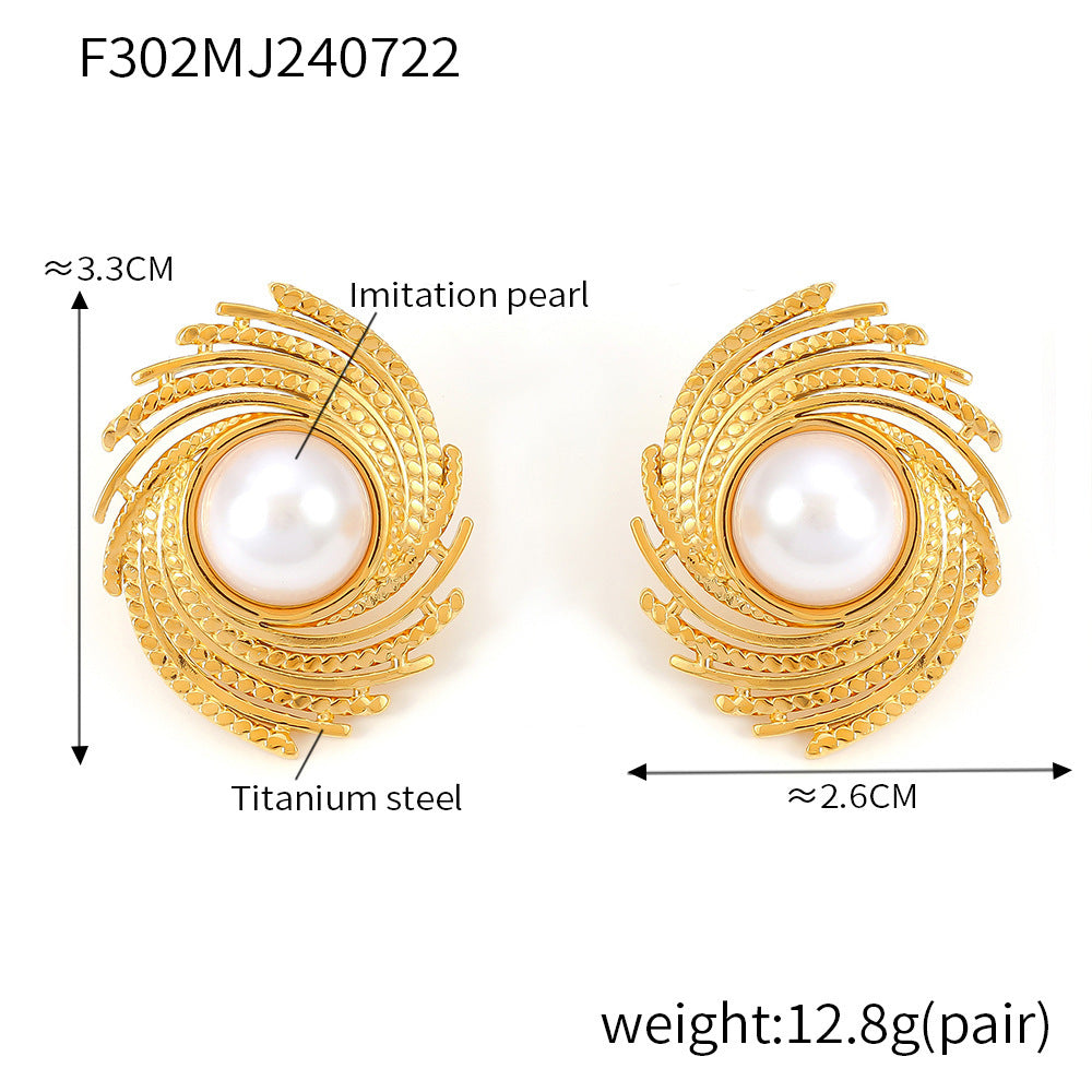 Cross-border new geometric thread inlaid imitation pearl earrings women's titanium steel plated 18k gold braided texture stud earrings pp