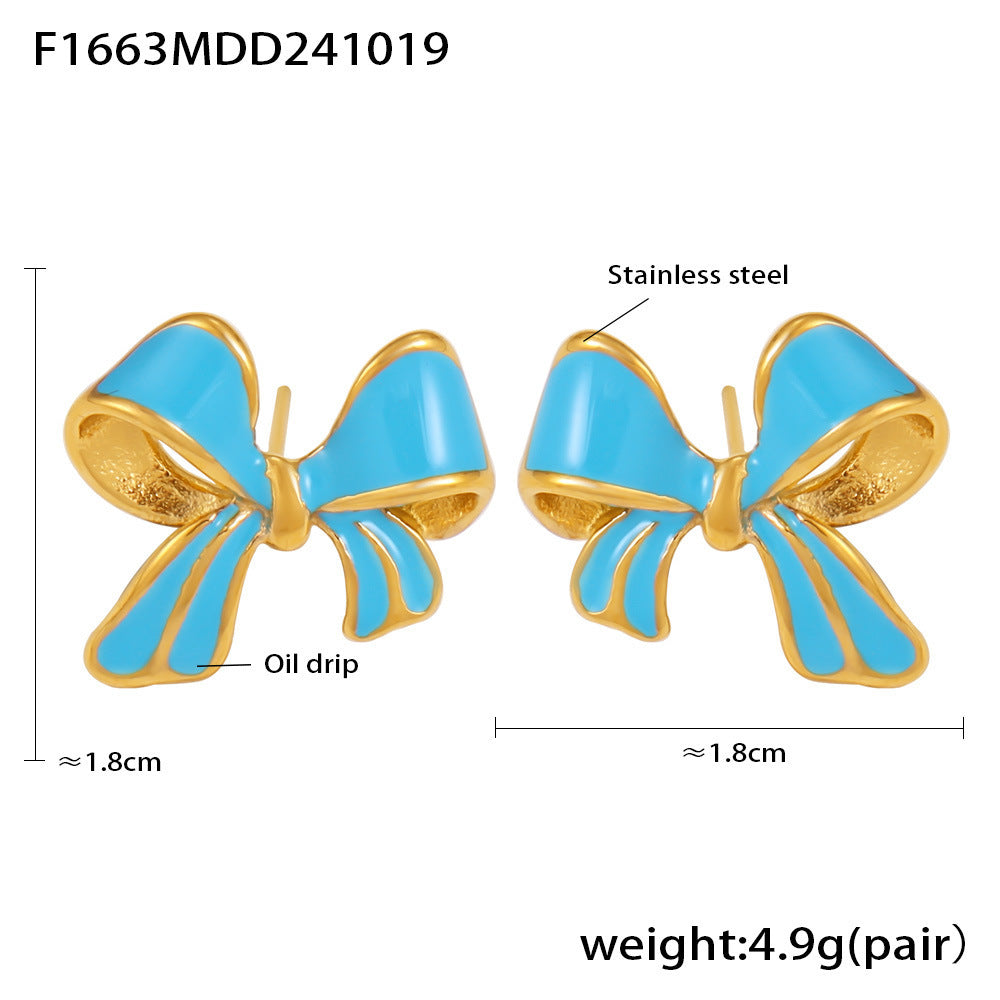 Delicate oil drip bow stud earrings light luxury oil painting texture stainless steel sweet earrings spot pp