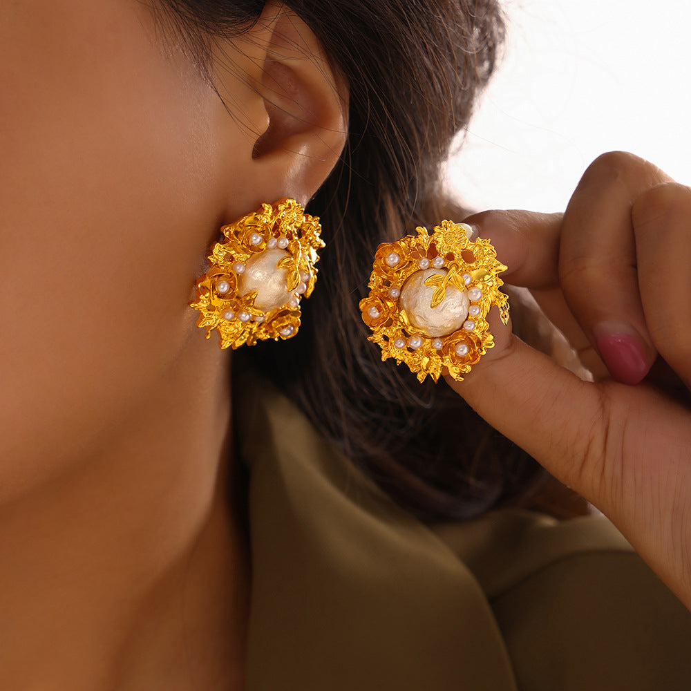 Court style medieval light luxury handmade inlaid bead copper material flowering vintage earrings earrings
