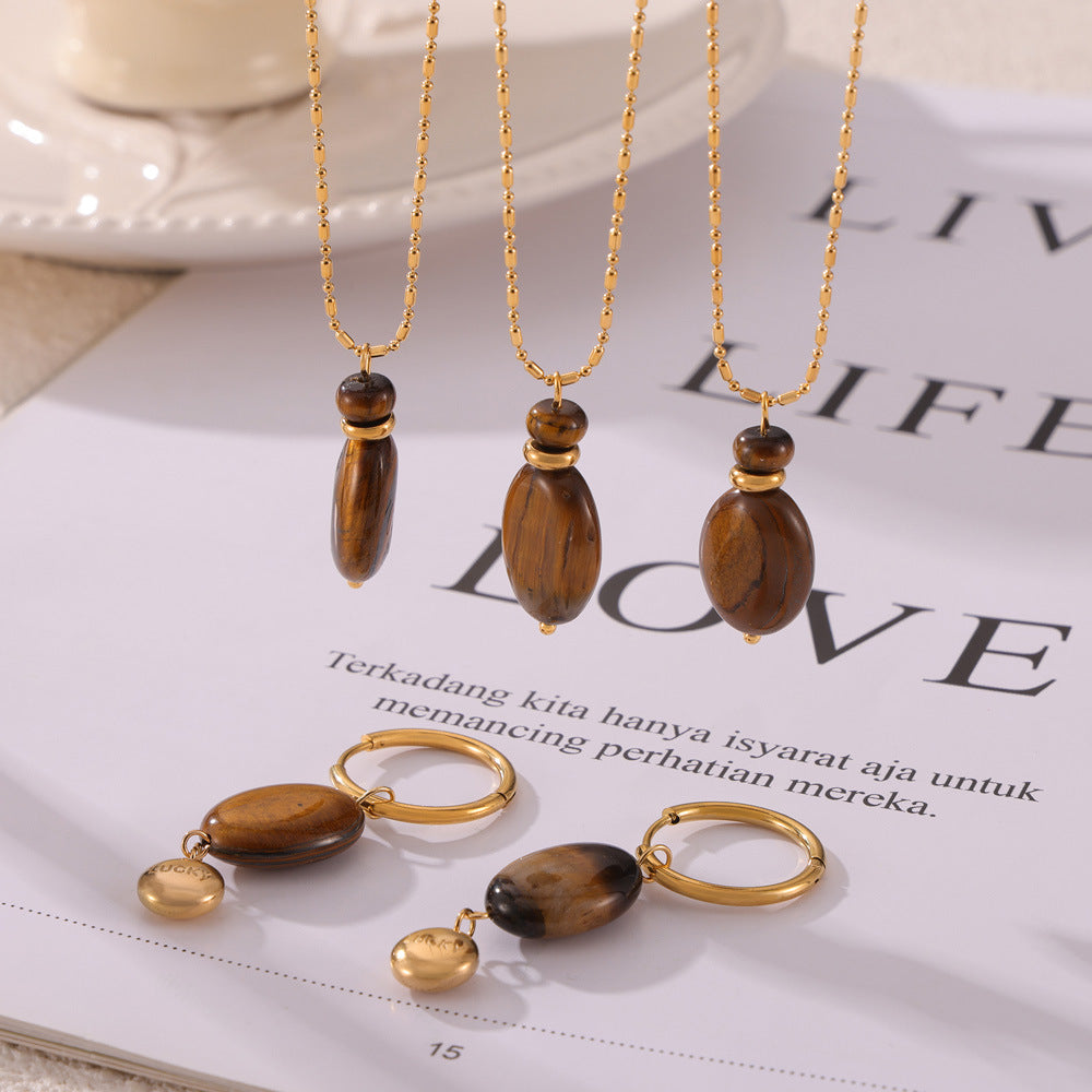 Temperament Versatile Elegant Lucky Niche Jewelry Tiger's Eye Stone Pendant Design Sense Titanium Steel Jewelry Set