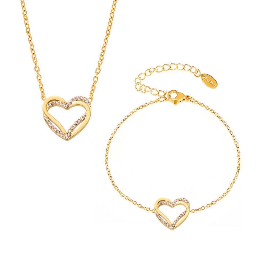 Light luxury double-layer love inlaid zircon collarbone necklace bracelet PVD plated real gold niche sweet set pp