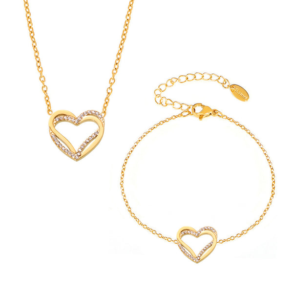 Light luxury double-layer love inlaid zircon collarbone necklace bracelet PVD plated real gold niche sweet set pp