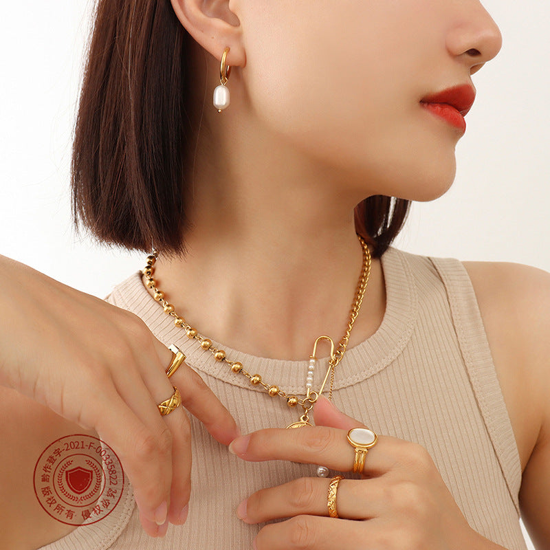 Vintage earrings, freshwater pearl loop earrings, titanium steel 18K plated real gold jewelry cold wind
