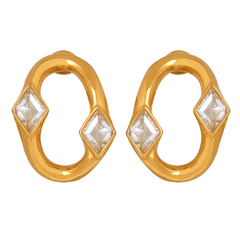 Geometric smooth plain circle niche design titanium steel inlaid rhombus zircon fashion non-fading earrings women's jewelry