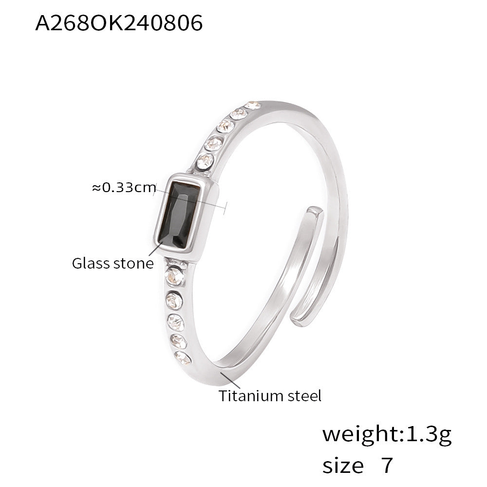 2024 new square glass stone ring titanium steel plated 18k real gold fashion personalized open women's ring pp