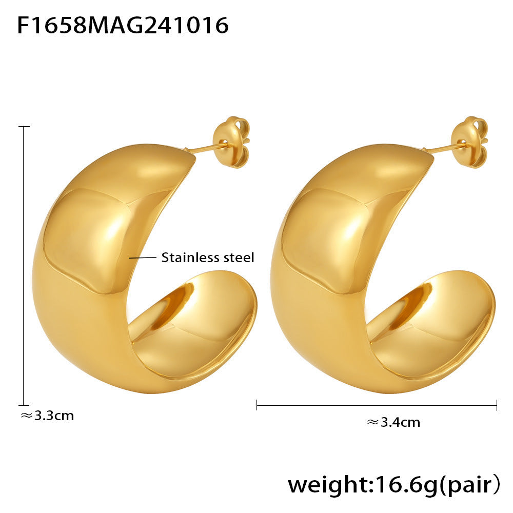Accessories Light Luxury Wide Glossy C-Shaped Earrings Women's Titanium Steel Exaggerated Earrings PVD Color Retaining Electroplating Earrings
