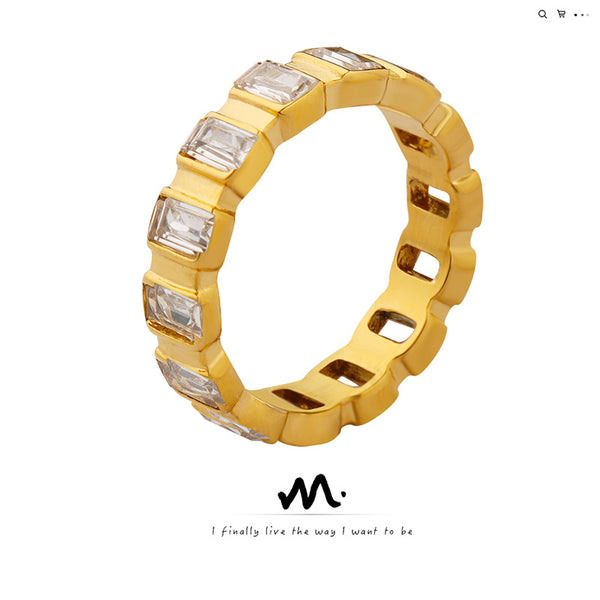 A419-Full diamond zircon ring titanium steel gold-plated index finger ring niche does not fade