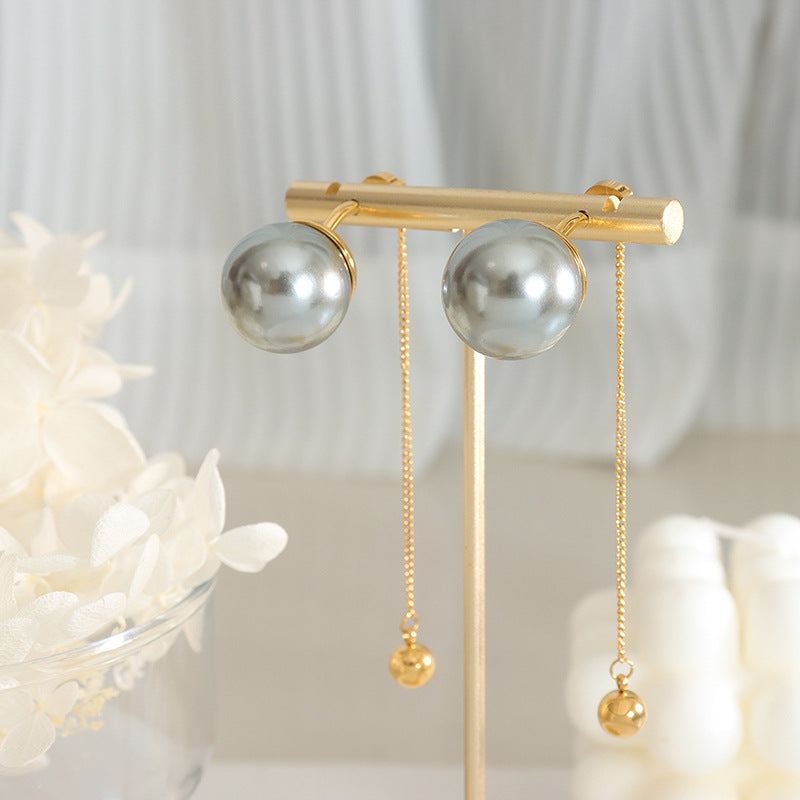 Exaggerated design fashionable personality imitation pearl white gray fringed earrings gold-plated chain steel ball pendant ear jewelry