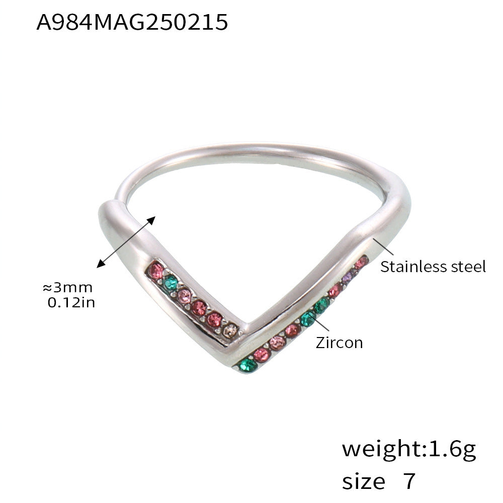 V-shaped diamond 5A zircon side opening adjustable stainless steel ring women's non-fading index finger ring