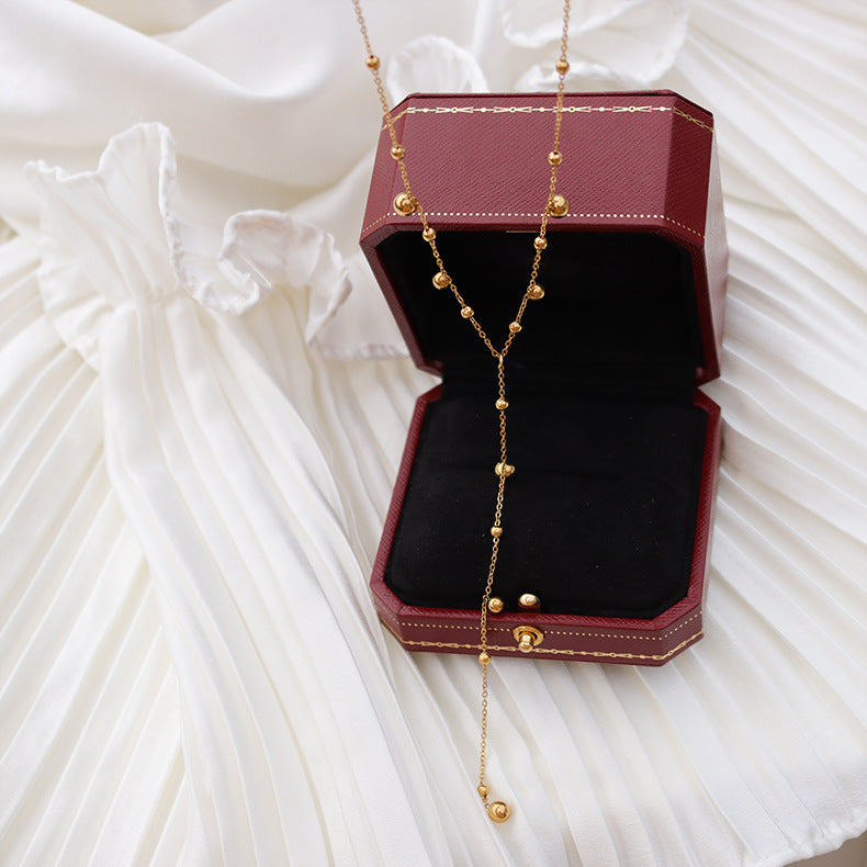 Cold wind trend round beads long fringed necklace women's collarbone neck chain sweater chain titanium steel jewelry P794