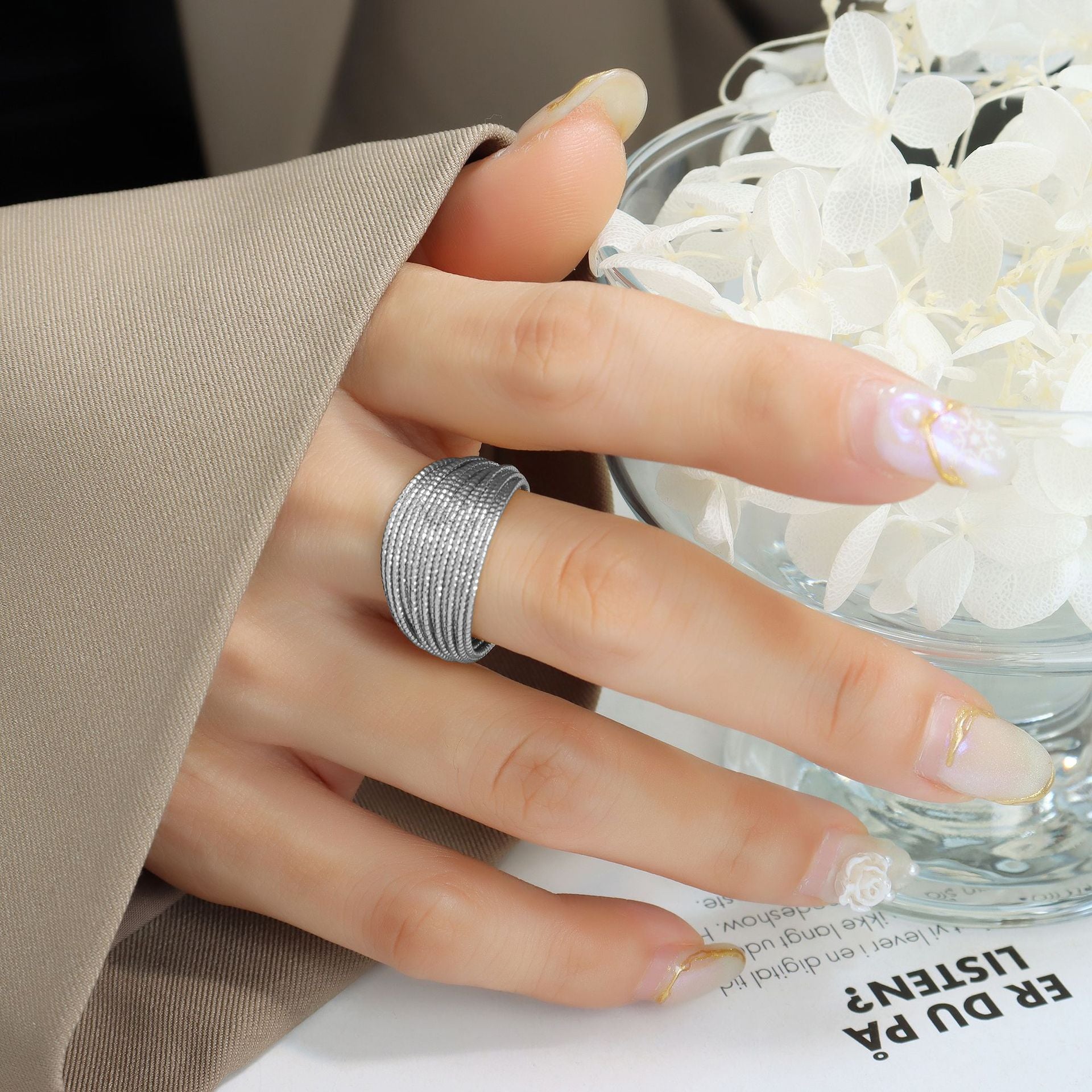 Open Geometric Fashion Non-fading Multi-layer Lines Semicircular Ring Women's Copper Gold-plated Jewelry 99