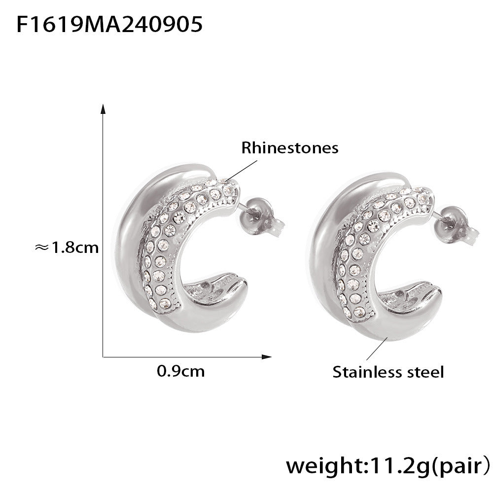 Retro double C sticky diamond earrings fashion temperament stainless steel 18K gold crescent shape does not fade simple earrings women 99