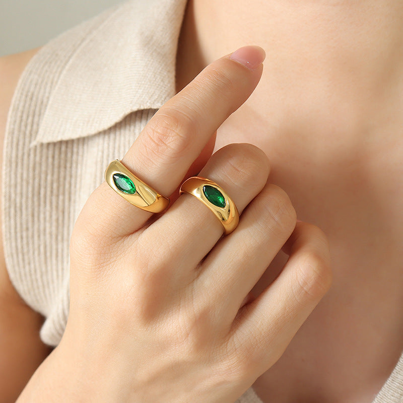New light luxury retro new Chinese style personalized titanium steel non-fading inlaid emerald zircon ring jewelry female pp