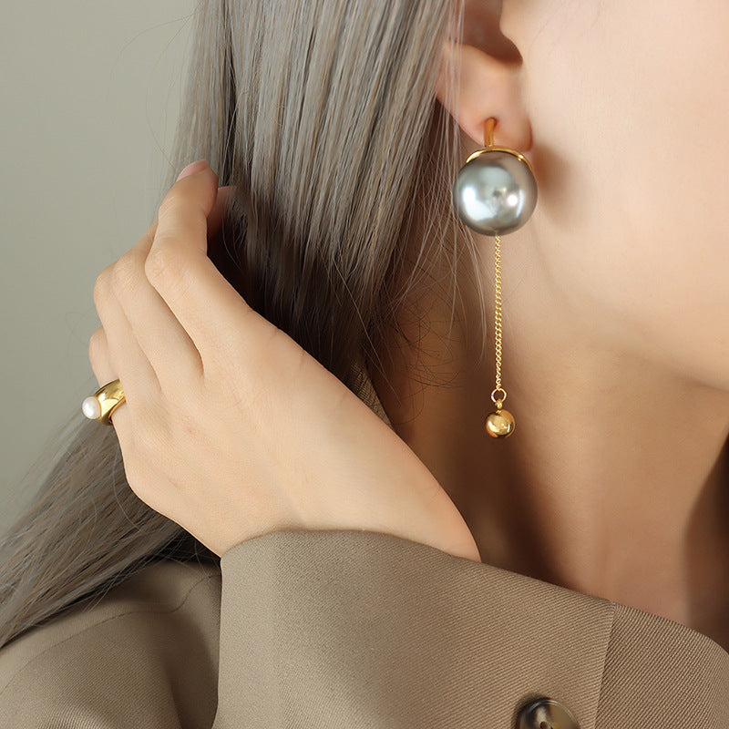 Exaggerated design fashionable personality imitation pearl white gray fringed earrings gold-plated chain steel ball pendant ear jewelry