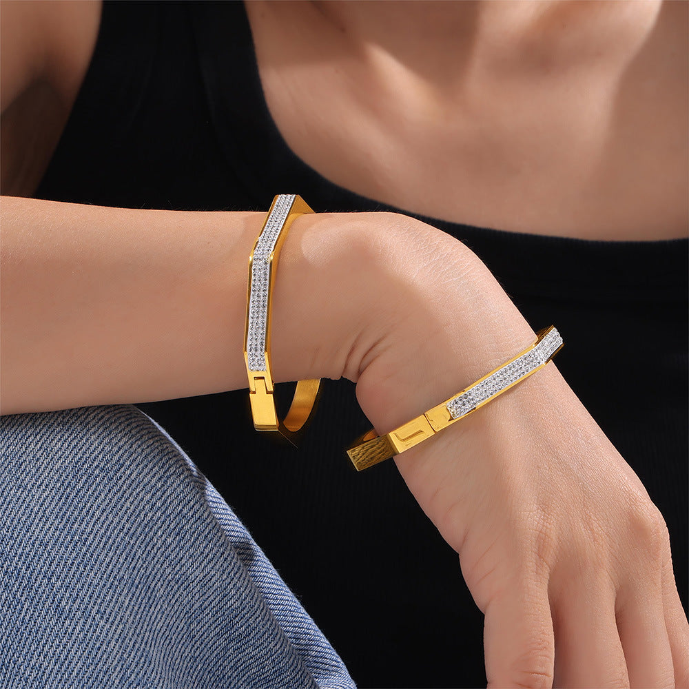 Temperament elegant simple cold wind jewelry personalized diamond design titanium steel gold-plated octagonal bracelet pp