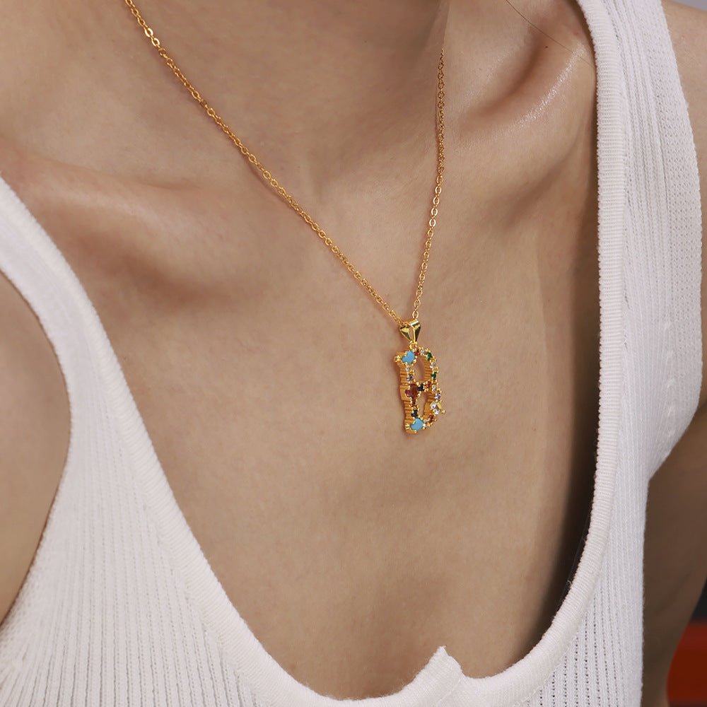 European and American cross-border copper micro-inlaid colored zircon 26 English letters personalized individual pendant niche hip-hop collarbone chain pp