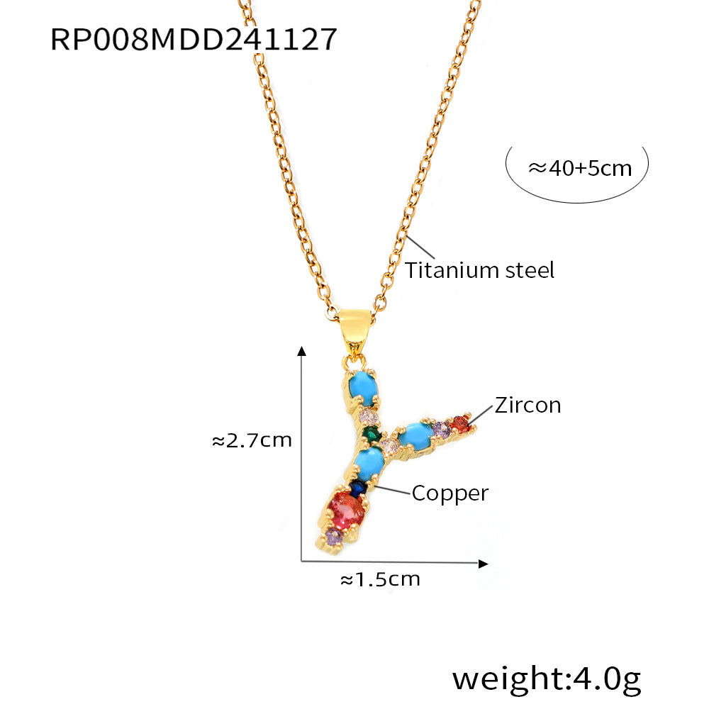 European and American cross-border copper micro-inlaid colored zircon 26 English letters personalized individual pendant niche hip-hop collarbone chain pp