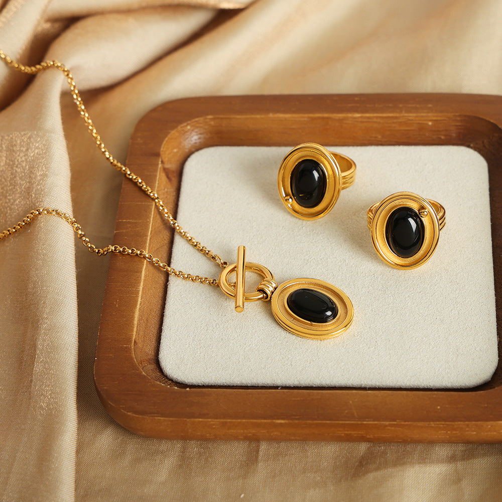 New composite titanium steel gold-plated agate oval pendant OT buckle necklace ring set jewelry