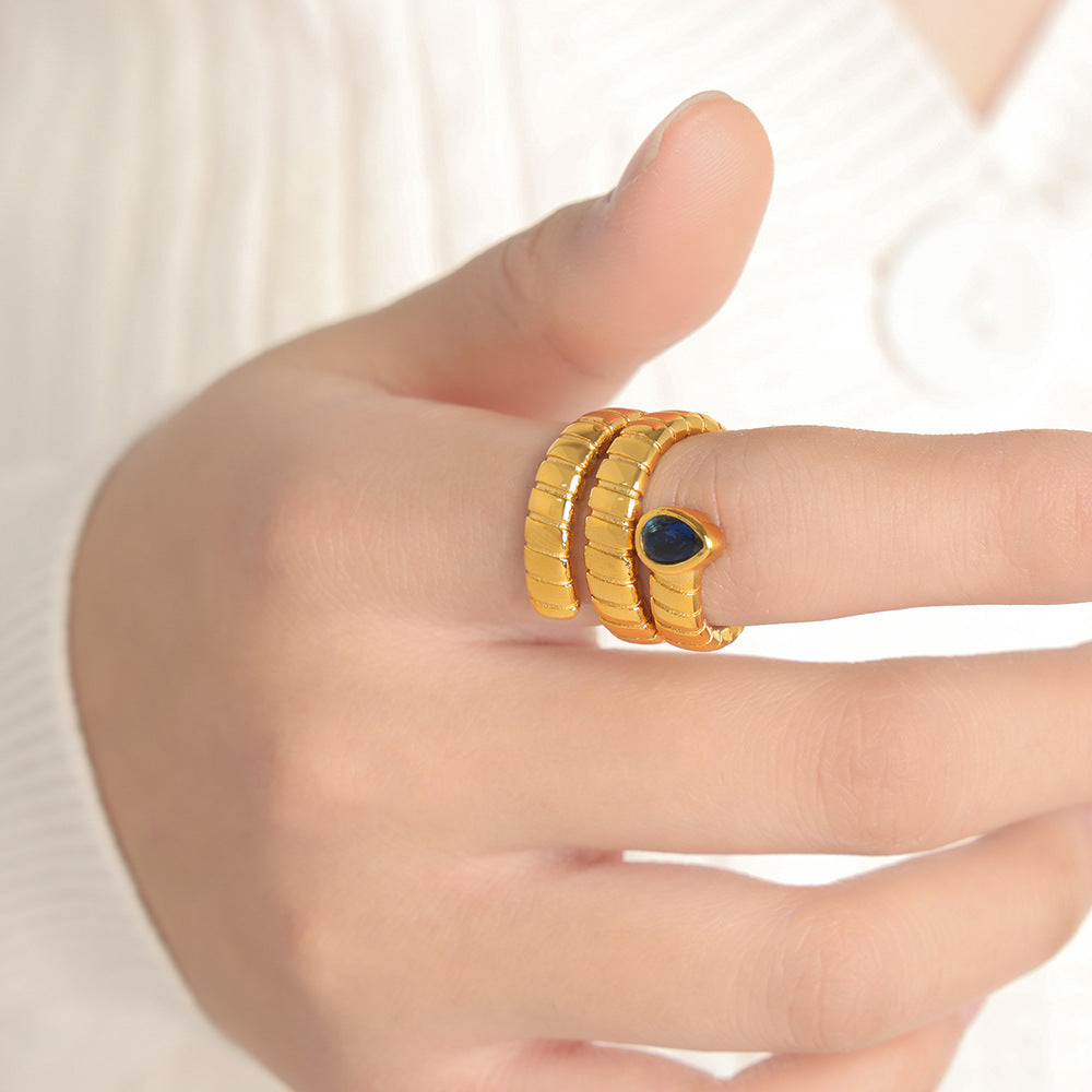 New fashionable retro personalized titanium steel gold-plated with water drop-shaped zircon winding texture open ring for women
