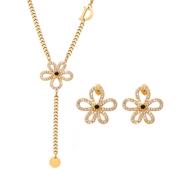 Handmade flower sticky zircon earrings necklace jewelry set titanium steel plated 18k real gold color retention spot wholesale