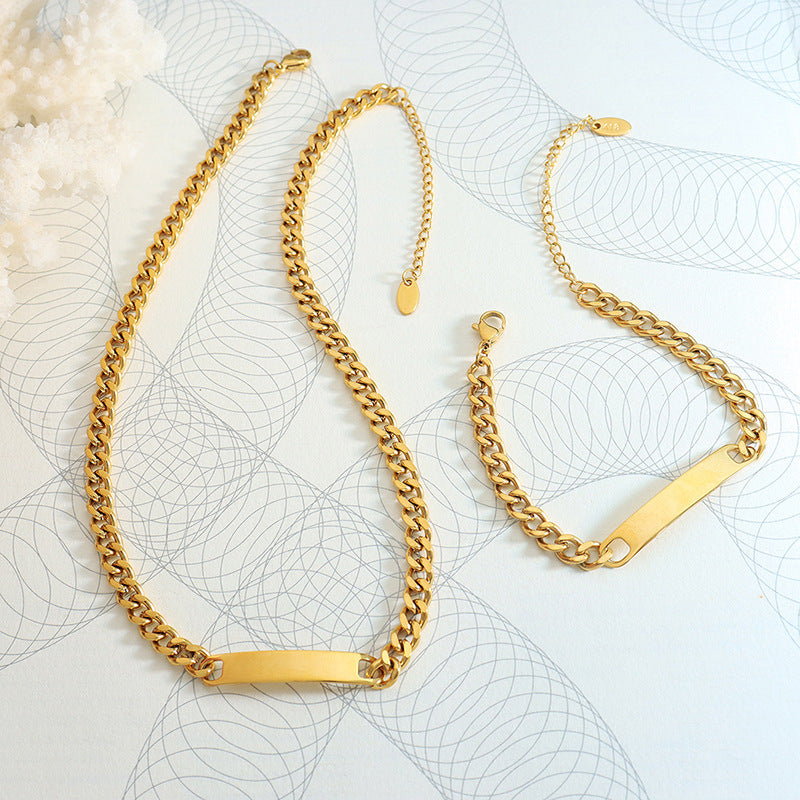 Hip-hop heavy industry exaggerated geometric long bracelet necklace titanium steel plated 18k real gold jewelry set pp