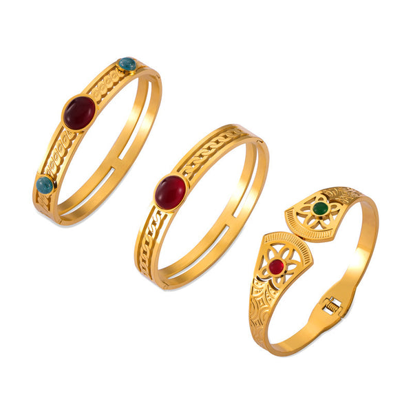 Hot-selling personality retro temperament elegant jewelry inlaid with natural stone design sense hollow titanium steel gold-plated bracelet pp