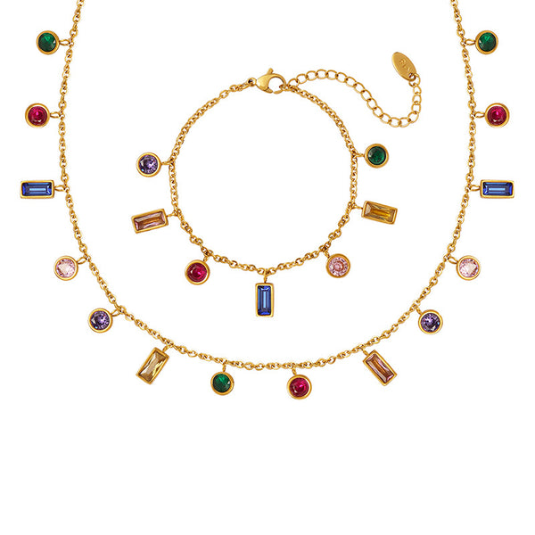 Non-fading light luxury multi-color zircon jewelry set fringed necklace niche design titanium steel bracelet 99