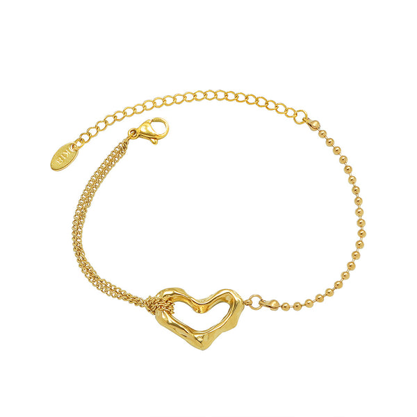 S versatile niche fashion simple jewelry titanium steel plated 18k gold peach heart double layer steel ball bracelet women's jewelry
