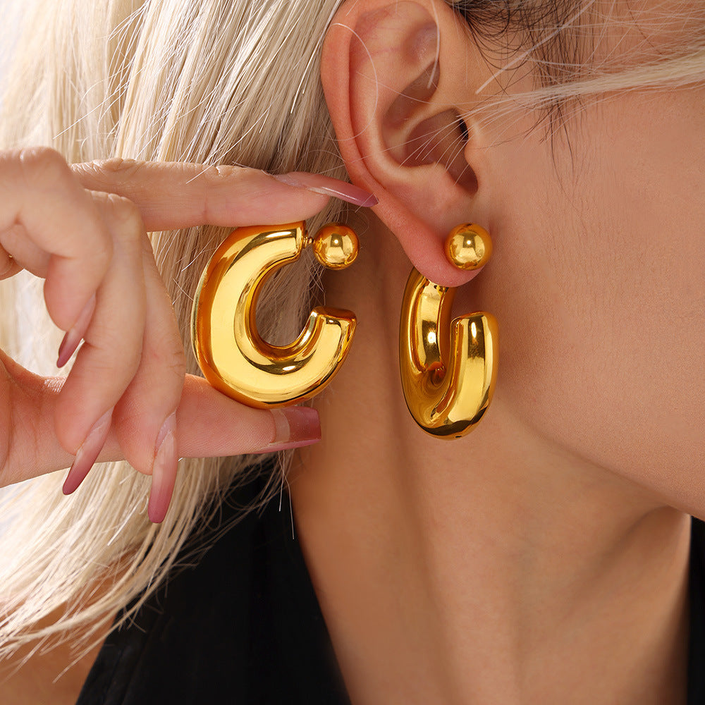 C-type hollow high-texture fine-polished steel ball two-wear stud earrings PVD-plated 18K real gold personalized ear jewelry