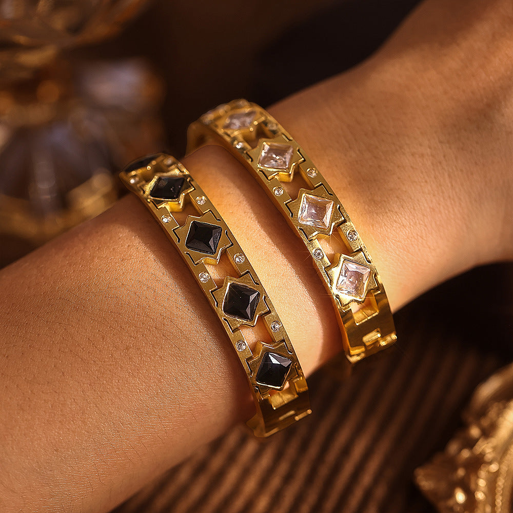 Square zircon glass buckle bracelet luxury temperament jewelry stainless steel PVD plating