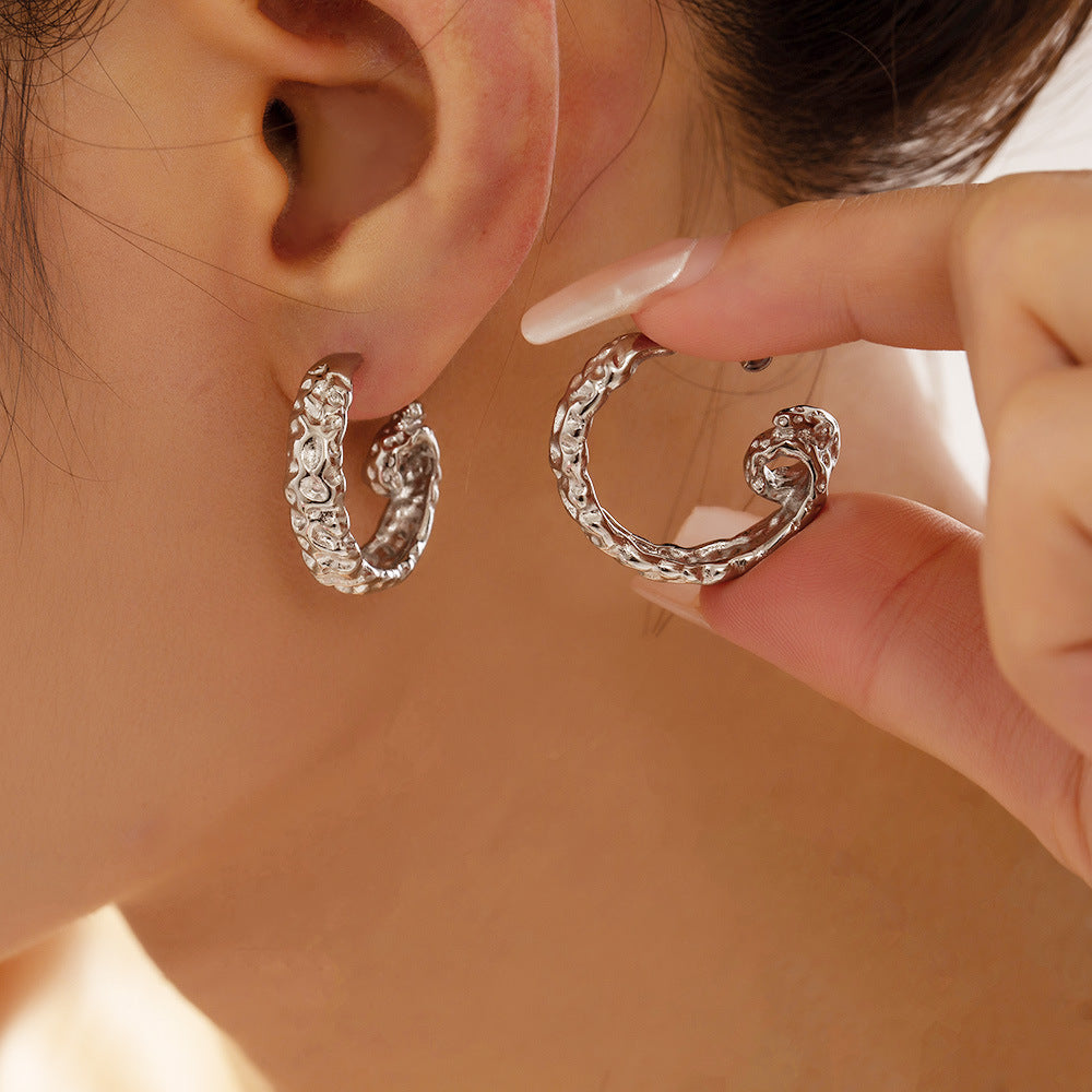 Retro Personality Irregular Folds Texture Design Sense Earrings Line Twist Design Sense Titanium Steel Earrings