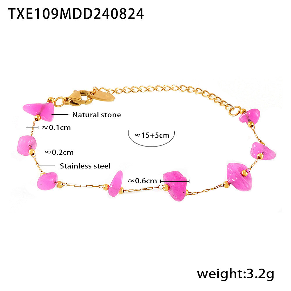 Light luxury bohemian pink natural stone handmade collarbone necklace bracelet stainless steel women's set