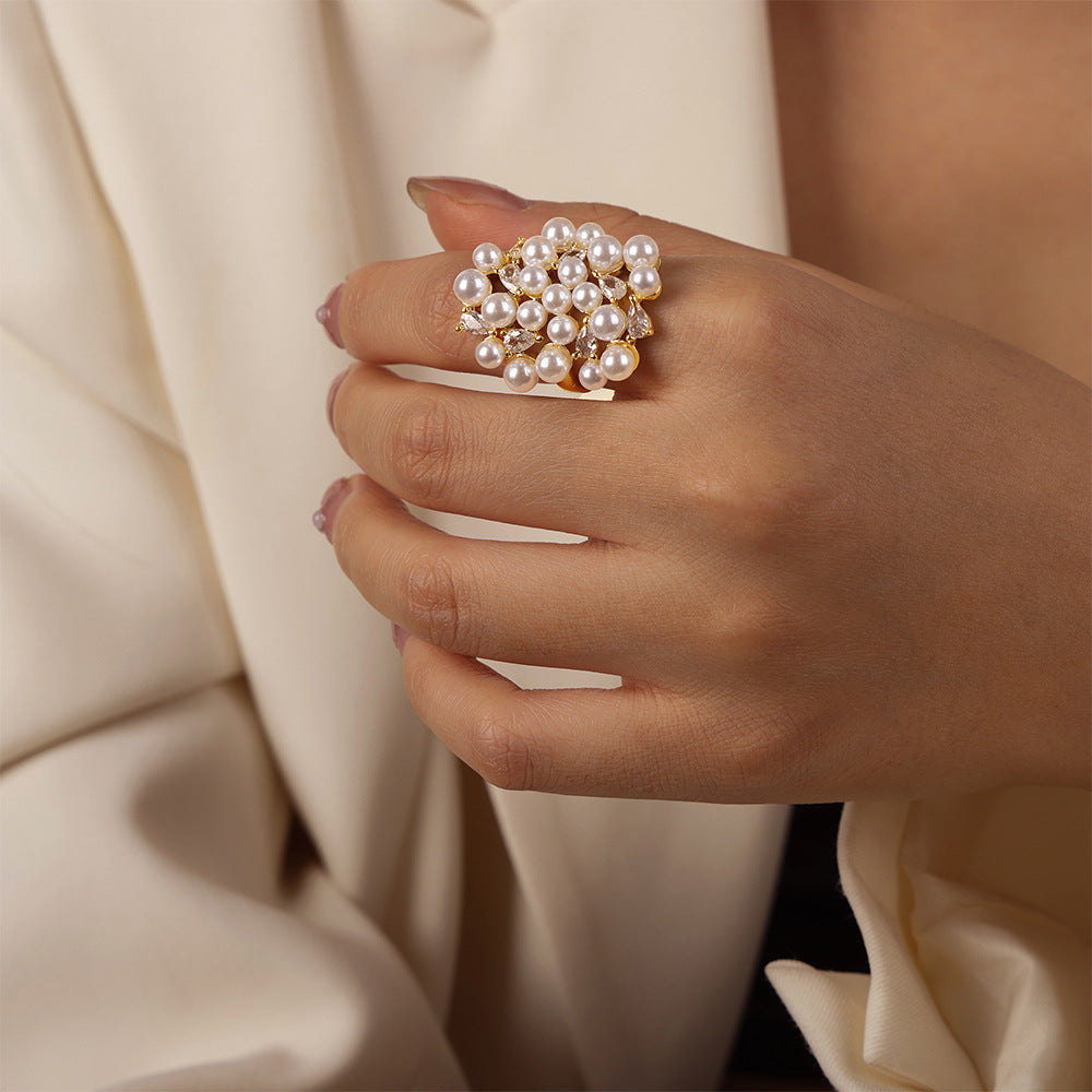 New fashion light luxury copper material irregular design zircon imitation pearl adjustable ring jewelry women