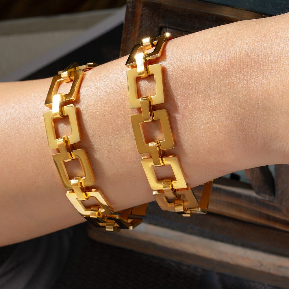 Niche fashion personality casual style jewelry geometric hollow square brand splicing design titanium steel gold-plated bracelet