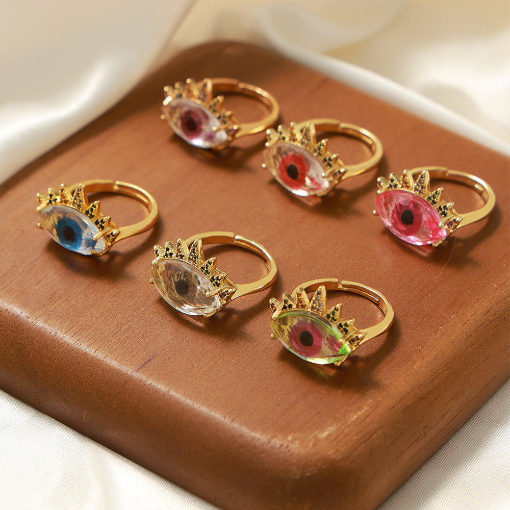 New retro light luxury copper material devil's eye inlaid zircon opening adjustable ring jewelry women's wholesale