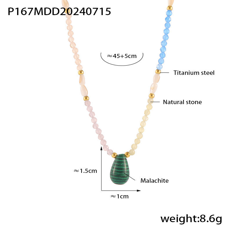 Chic style malachite love inlaid pearl pendant titanium steel plated 18k real gold string natural stone necklace wholesale