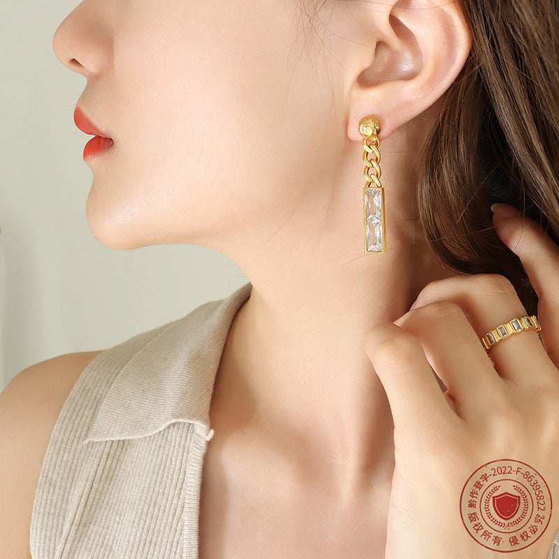 Niche design does not fade cold wind rectangular pendant inlaid zircon fashion personalized earrings ear jewelry