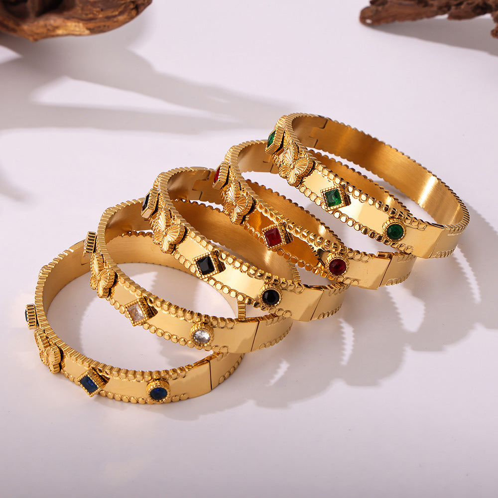 Stainless steel bracelet flower inlaid zircon Czech glass buckle gear bracelet combination hot spot