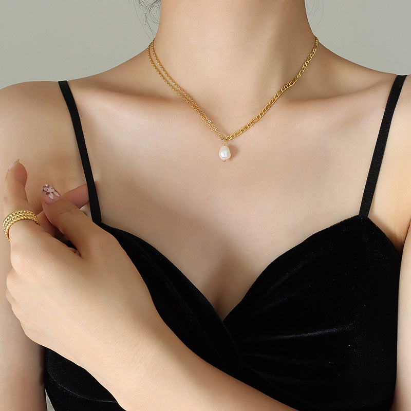 Accessories Spice Girl Double Chain Freshwater Pearl Necklace Women's Collarbone Neck Chain Titanium Steel Plated 18K Gold P832