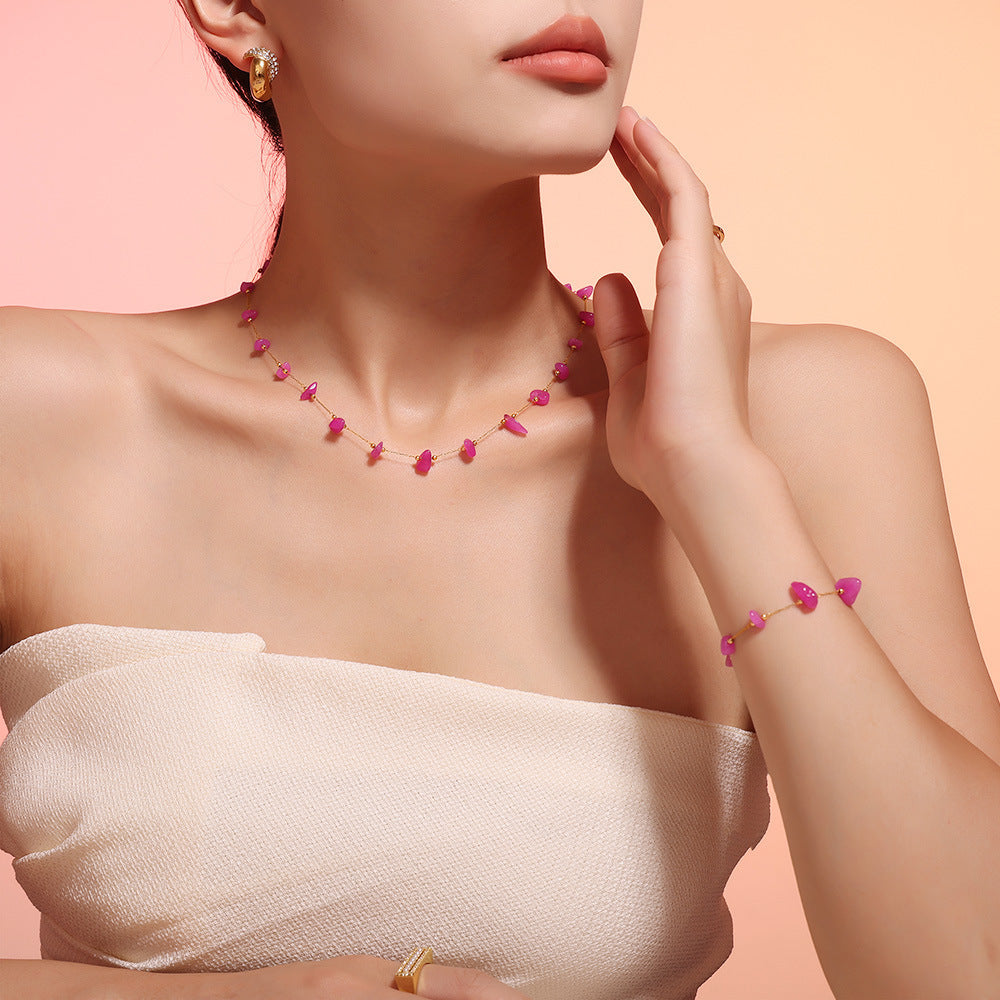 Light luxury bohemian pink natural stone handmade collarbone necklace bracelet stainless steel women's set