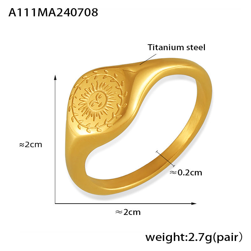 Fashion personality niche cold wind jewelry engraved wreath surrounding the sun design titanium steel gold-plated ring pp