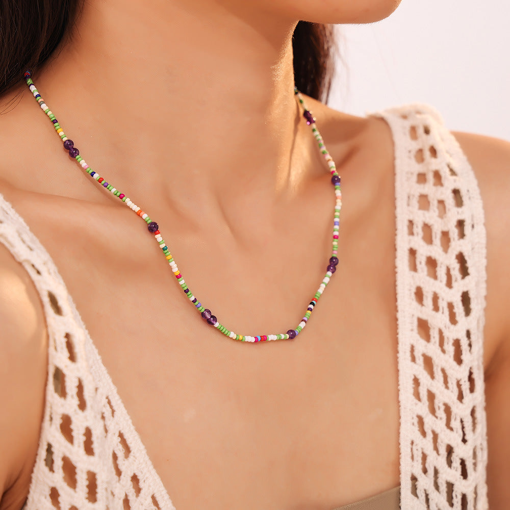 Dopamine natural stone round bead chain light luxury handmade color beaded necklace light luxury temperament neck chain female pp