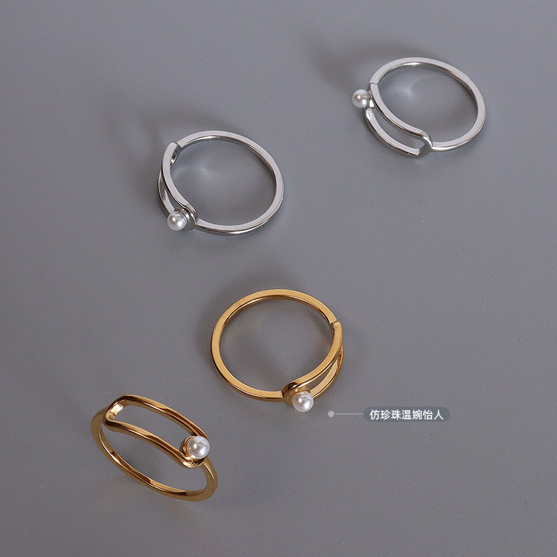 Design Titanium steel gold-plated non-fading personalized geometric return ring versatile imitation pearl personalized ring 99