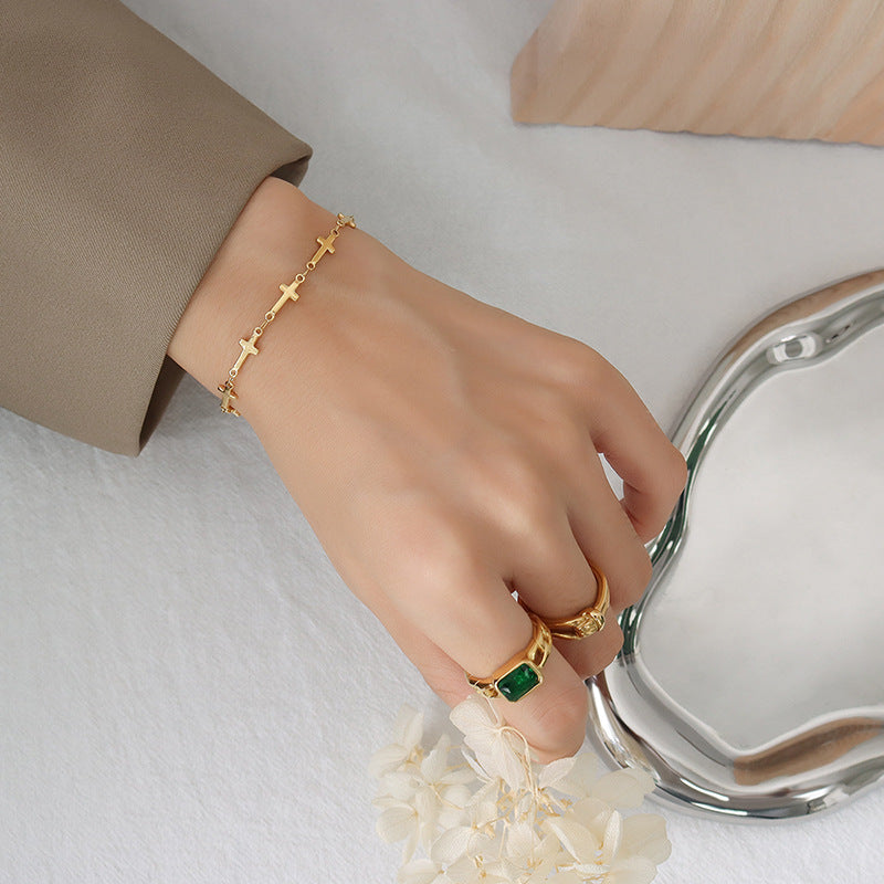 Cold wind light luxury trend fashion cross bracelet titanium steel plated 18K real gold versatile jewelry E081