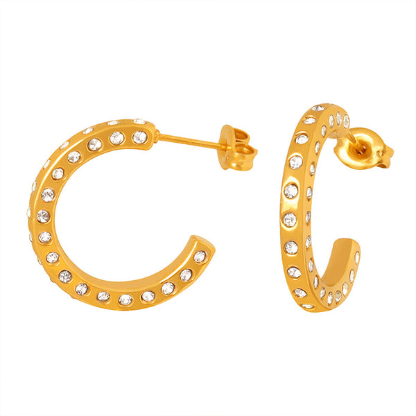Autumn and winter fashion light luxury inlaid zircon design geometric exaggerated simplicity versatile titanium steel gold-plated earrings jewelry female pp