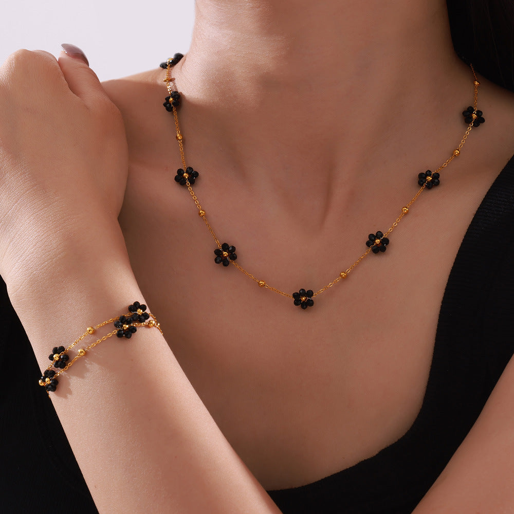 Retro niche personality simple and versatile jewelry natural stone beaded flower shape titanium steel jewelry set 99
