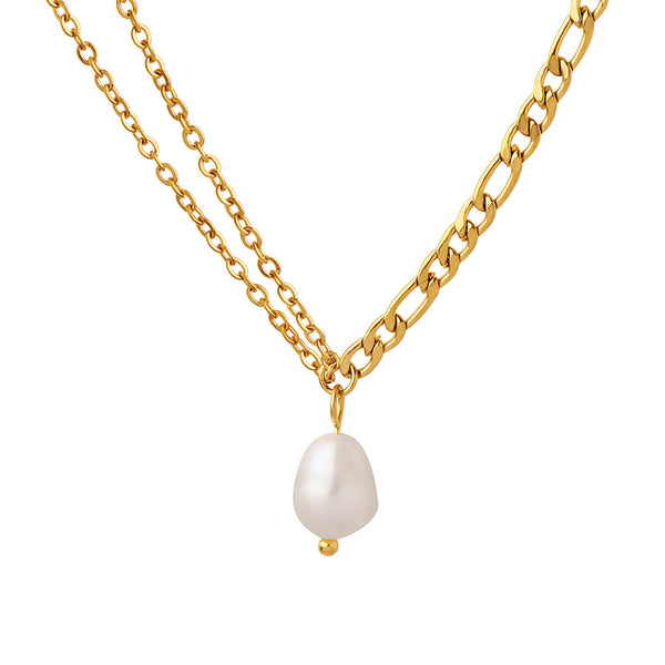 Accessories Spice Girl Double Chain Freshwater Pearl Necklace Women's Collarbone Neck Chain Titanium Steel Plated 18K Gold P832